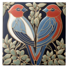 Red Blue Bird Couple - Jugendstil Art Deco Birds Fliese