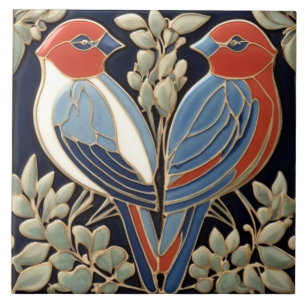 Red Blue Bird Couple - Jugendstil Art Deco Birds Fliese