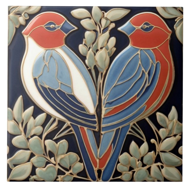 Red Blue Bird Couple - Jugendstil Art Deco Birds Fliese (Vorderseite)