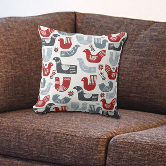 Red Blue Bird Nordic Folk Art Muster Kissen