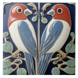 Red Blue Bird Pair - Jugendstil Art Deco Birds Fliese