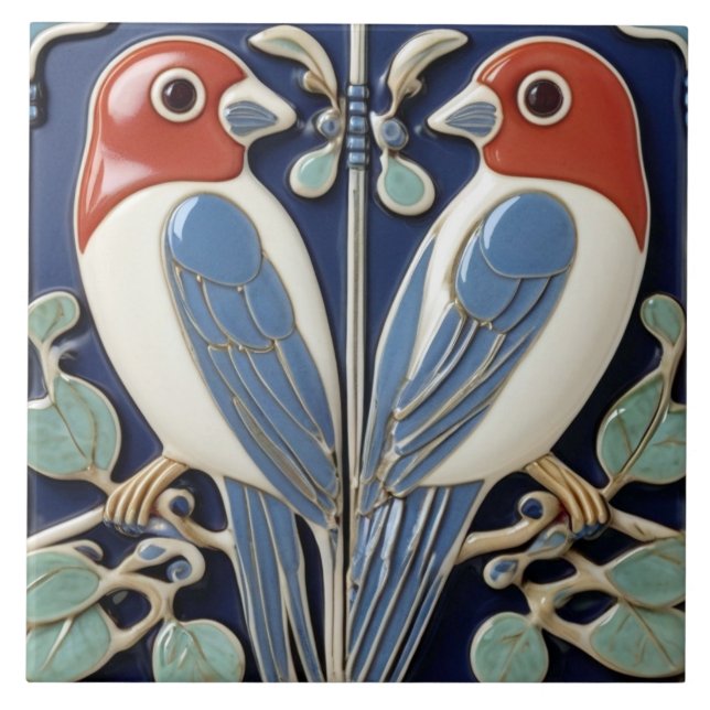 Red Blue Bird Pair - Jugendstil Art Deco Birds Fliese (Vorderseite)
