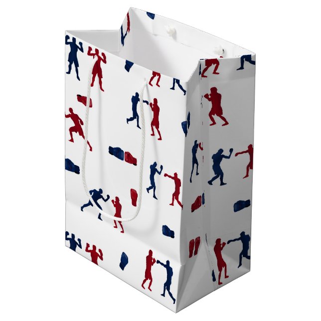 Red & Blue Boxing Gloves Boxer-Muster Mittlere Geschenktüte (Vorderseite Schrägansicht)