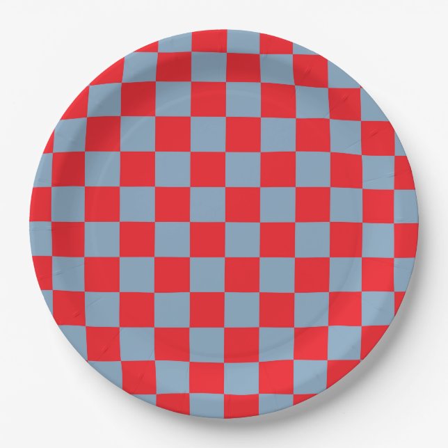 Red Blue Checkered Gingham Pattern Pappteller (Vorderseite)