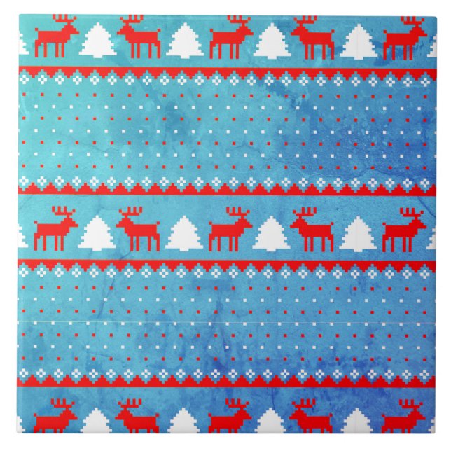 Red Blue Christmas Pattern Keramik Tile Fliese (Vorderseite)