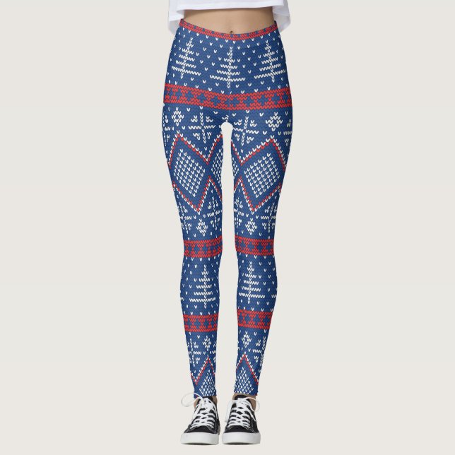 Red Blue Christmas Trees Nordic Sweater Pattern Leggings (Vorderseite)