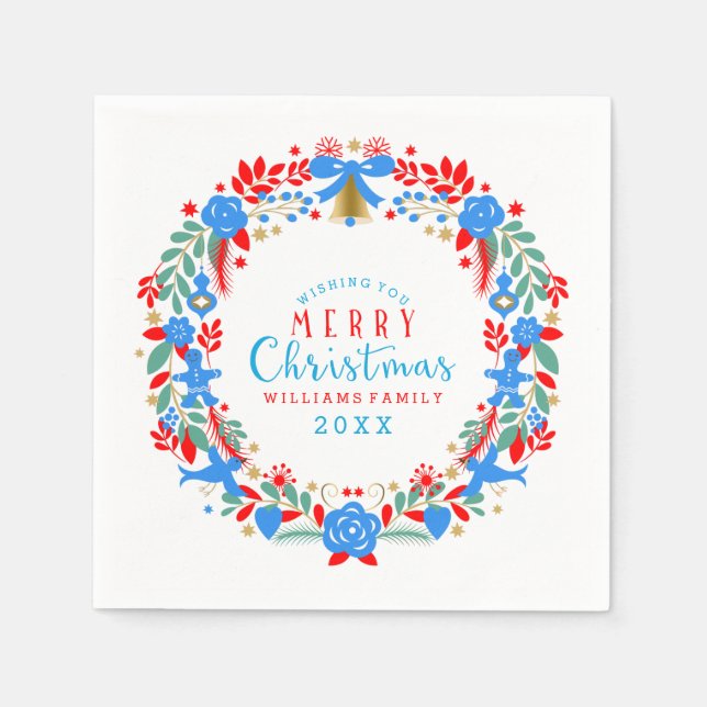 Red & Blue Christmas Wreath Frohe Weihnachten Serviette (Vorderseite)
