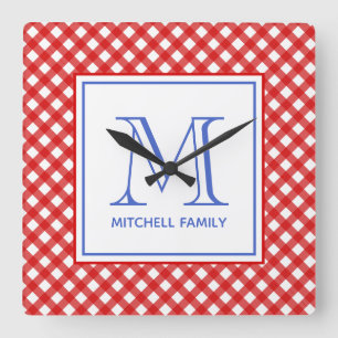 Red & Blue Country Style Gingham Muster Monogramm Quadratische Wanduhr