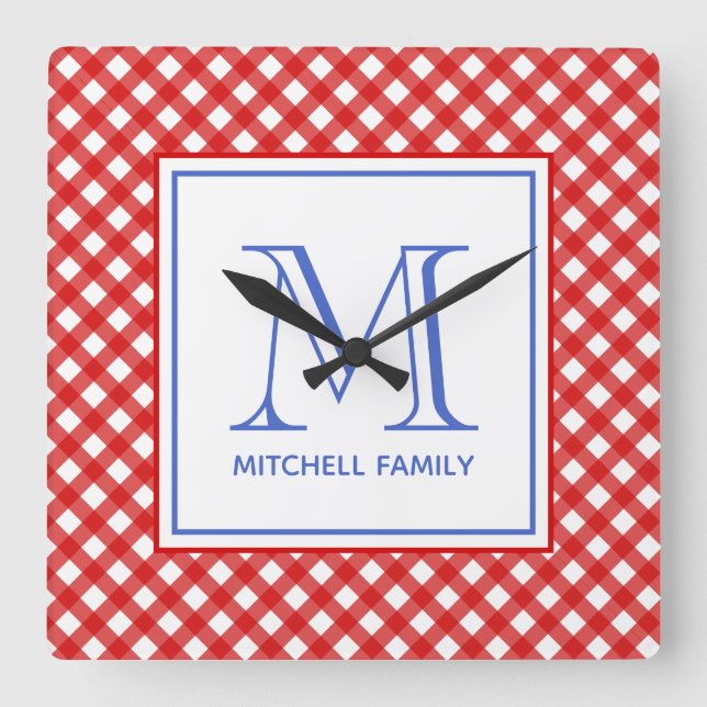 Red & Blue Country Style Gingham Pattern Monogram Quadratische Wanduhr (Vorderseite)