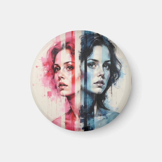 Red & Blue Duality - Twin Portraits in Abstrakt St Magnet (Vorne)