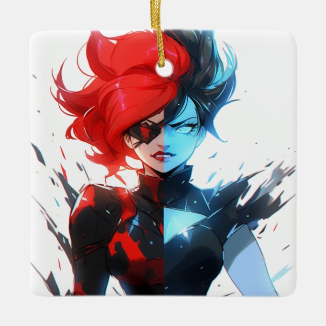 Red Blue Fire Ice Comic Style Anime Girl Keramikornament (Vorderseite)