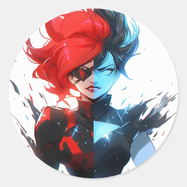 Red Blue Fire Ice Comic Style Anime Girl Runder Aufkleber (Vorderseite)