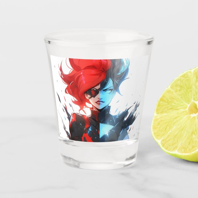 Red Blue Fire Ice Comic Style Anime Girl Schnapsglas (Vorderseite)
