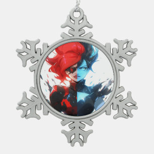 Red Blue Fire Ice Comic Style Anime Girl Schneeflocken Zinn-Ornament