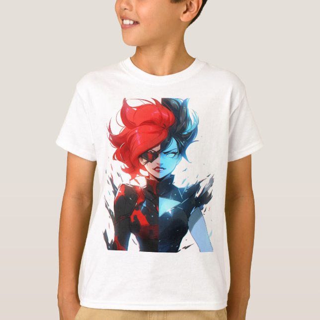 Red Blue Fire Ice Comic Style Anime Girl T-Shirt (Vorderseite)