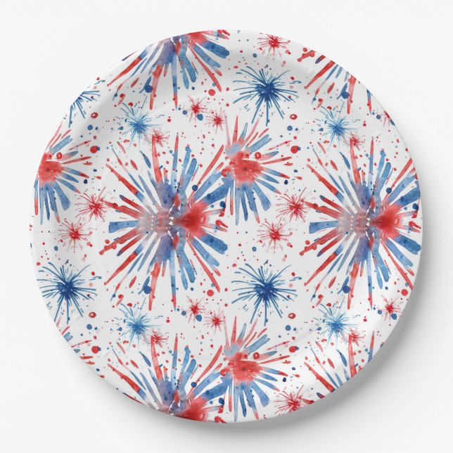 Red Blue Fireworks 4. Juli Plate Pappteller (Vorderseite)