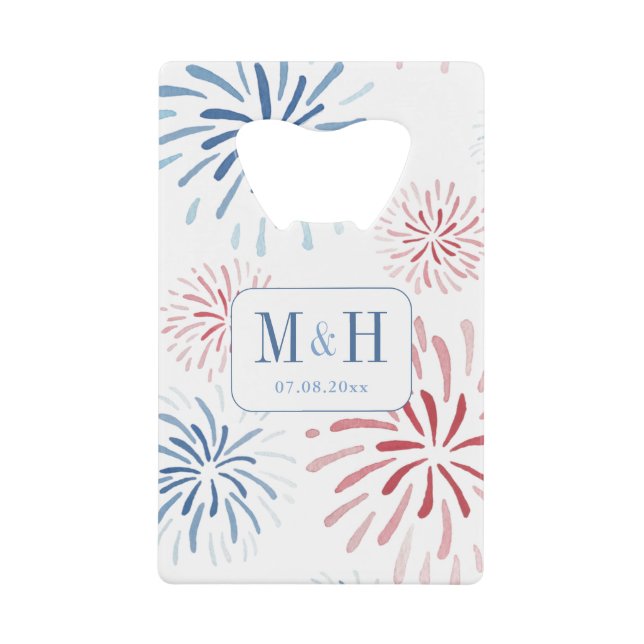 Red Blue Fireworks Wedding Monogram 4. Juli Geldbeutel Flaschenöffner (Vorderseite)