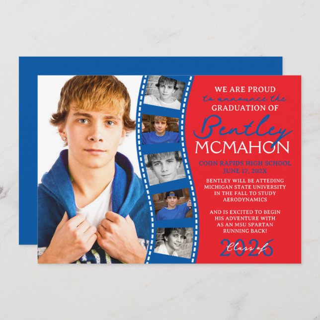 Red & Blue Foto Filmstrip Grad Ankündigung (Vorne/Hinten)