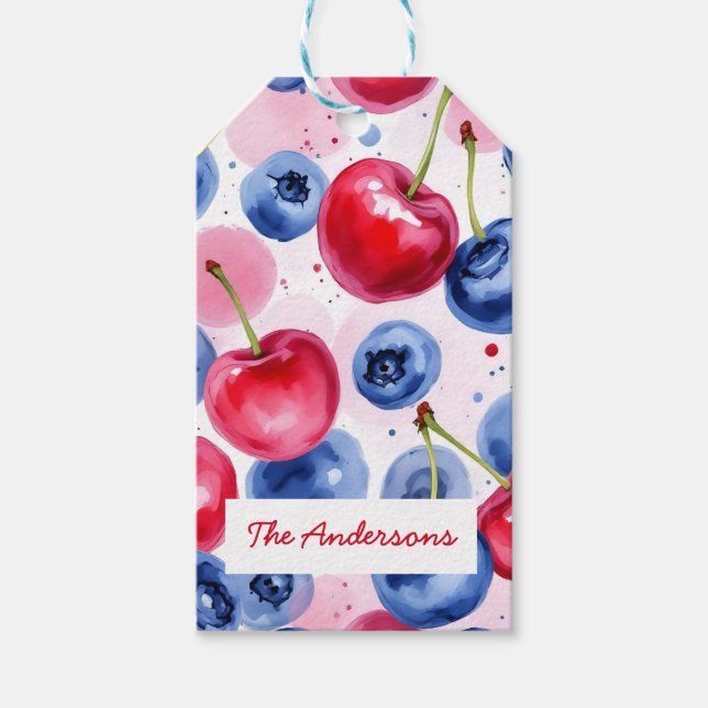 Red Blue Fruit Cherry Berry Pattern Geschenkanhänger (Vorderseite)