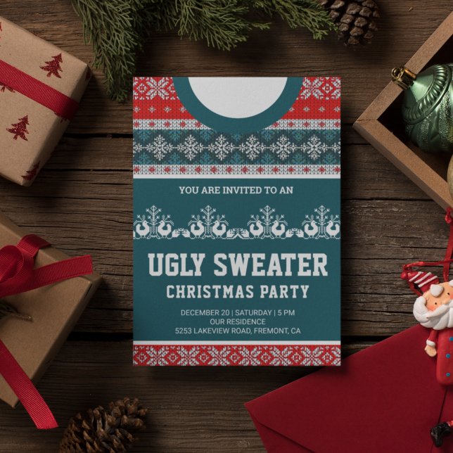Red Blue Funny Tacky Ugly Sweater Weihnachts-Party Einladung (Von Creator hochgeladen)