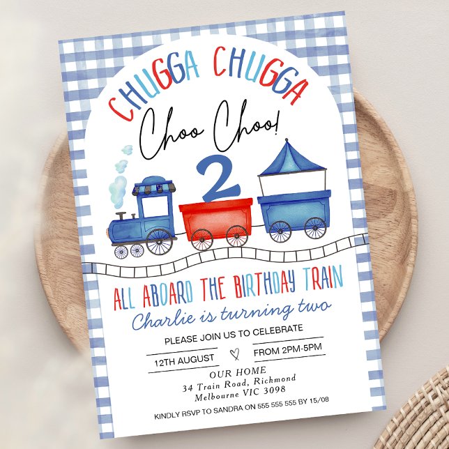 Red Blue Gingham Chugga Chugga Train Birthday Einladung (Printable Red Blue  Train Themed Birthday Invitation for Baby Boy, Chugga Chugga Choo Chool Train)