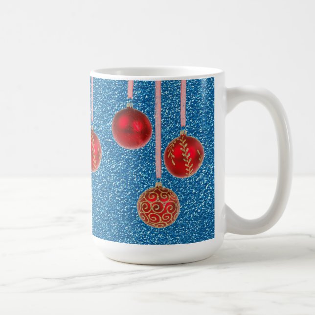 Red Blue Glitzer Frohe Weihnachtsbaubles Tasse (Rechts)