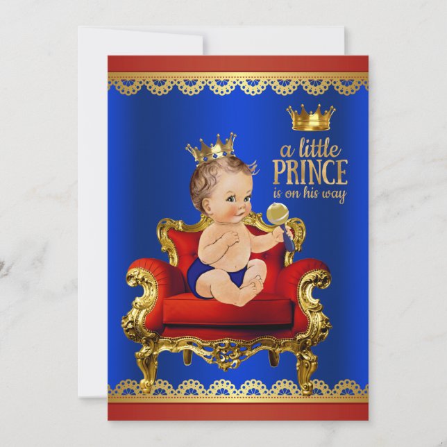 Red Blue Gold Stuhl Brünett Prince Baby Dusche Einladung (Vorderseite)