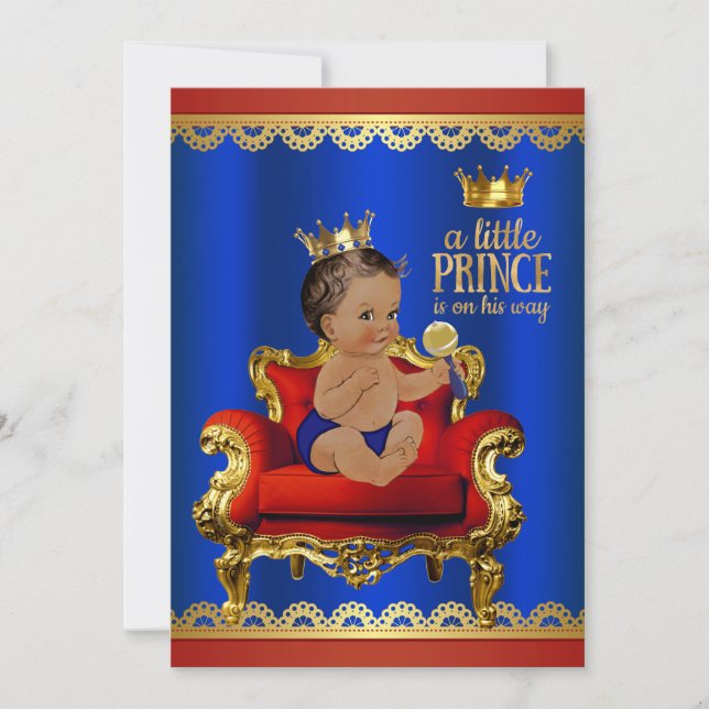 Red Blue Gold Stuhl Ethnic Prince Boy Baby Dusche Einladung (Vorderseite)