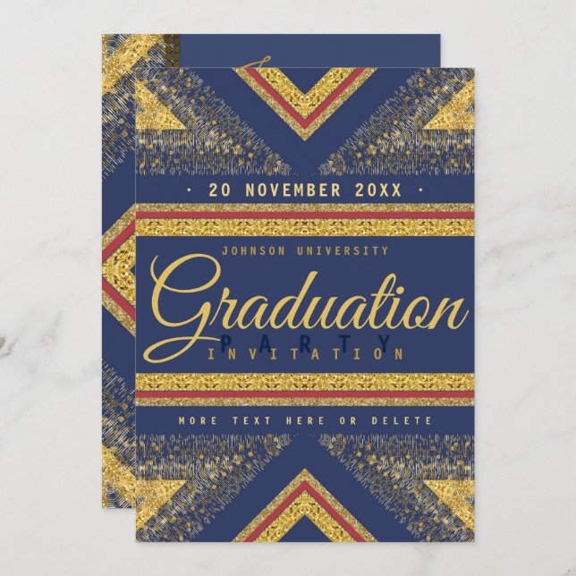 Red Blue & Gold Stylish Graduation Party Einladung (Vorne/Hinten)