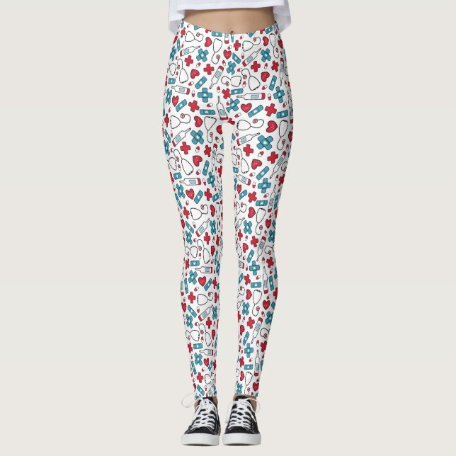 Red Blue Hearts Nurse Doctor Pattern Leggings (Vorderseite)
