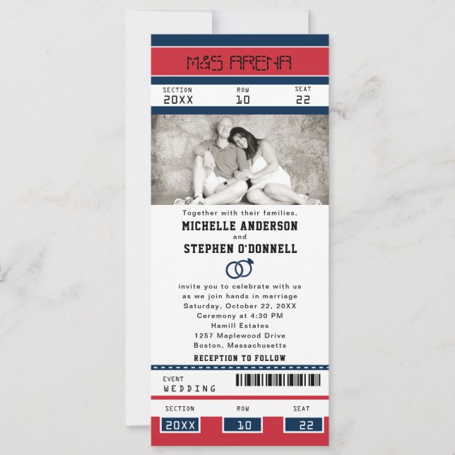 Red Blue Hockey Ticket mit Hochzeitsrennen Einladung (Vorderseite)