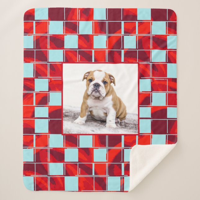 Red Blue Kariert Bulldog Hund Foto Sherpadecke (Vorderseite)