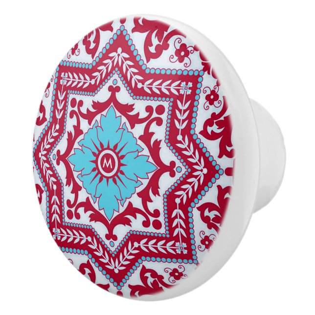 Red Blue Keramik Style Azulejo Vintag Monogram Keramikknauf (Rechts)