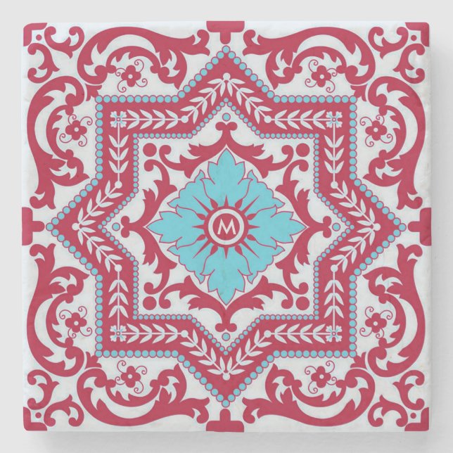 Red Blue Keramik Style Azulejo Vintag Monogram Steinuntersetzer (Vorderseite)