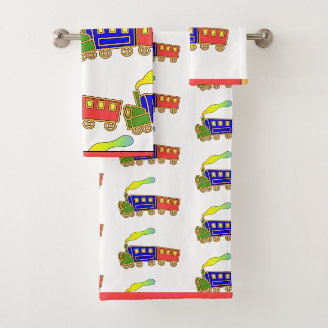 Red Blue Kids Choo Choo Zug Badhandtuch Set (Insitu)