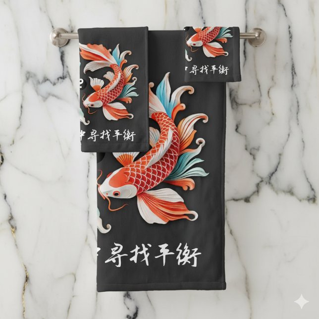 Red & Blue Koi Prosperity Yang Badhandtuch Set (Colorful Koi Towel Set on White and Black Marbled Bathroom Wall Cover Photo)