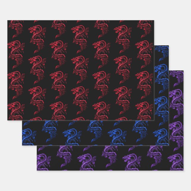 Red Blue & Lila Asian Dragons Collection Geschenkpapier Set (Set)