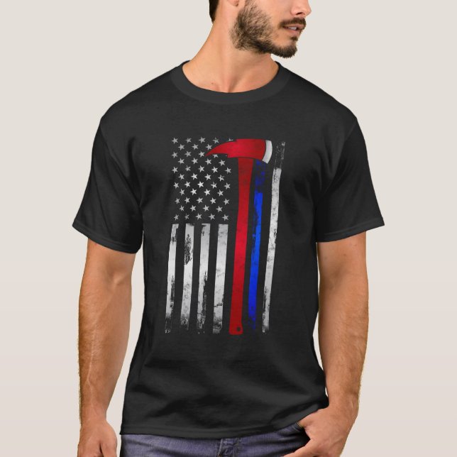 Red Blue Line American Flag Ax Firefighter P T-Shirt (Vorderseite)