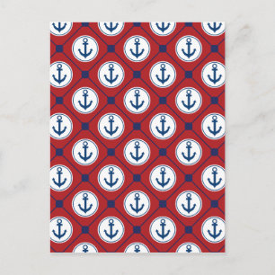Red Blue Nautic Anchor Muster Postkarte