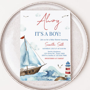 Red Blue Nautical Baby Dusche Einladung