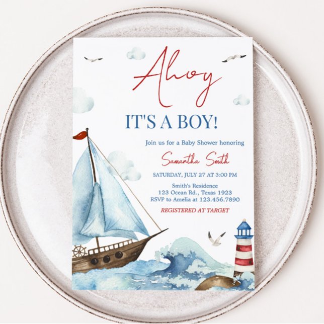 Red Blue Nautical Baby Dusche Einladung (Ahoy It’s A Boy Baby Shower Invitation)