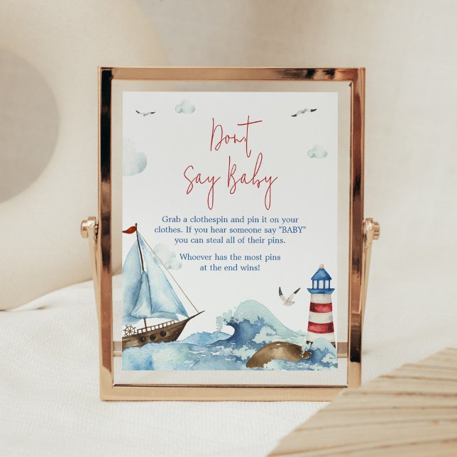 Red Blue Nautical Baby Dusche Say Baby nicht Poster (Ahoy It’s A Boy Baby Shower Don't Say Baby Sign)