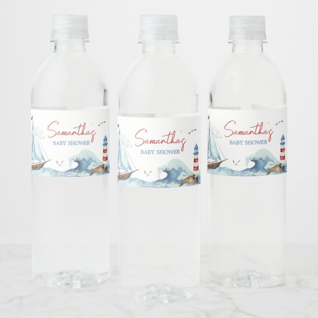 Red Blue Nautical Baby Dusche Wasserflaschenetikett (Flaschen)