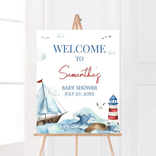 Red Blue Nautical Baby Dusche Willkommen Poster (Ahoy It’s A Boy Baby Shower Welcome Sign)