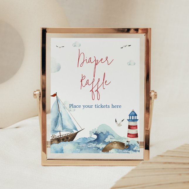 Red Blue Nautical Baby Dusche Windelwanne Poster (Ahoy It’s A Boy Baby Shower Diaper Raffle Sign)