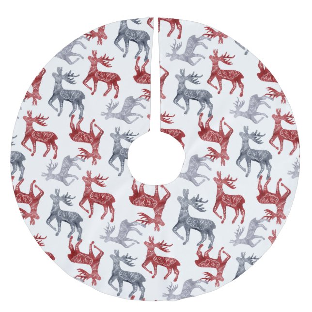 Red Blue Nordic Pattern Rentier Weihnachten Polyester Weihnachtsbaumdecke (Vorderseite)