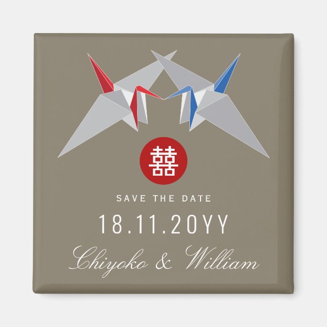 Red Blue Paper Cranes asiatische Hochzeit speicher Magnet (Vorne)