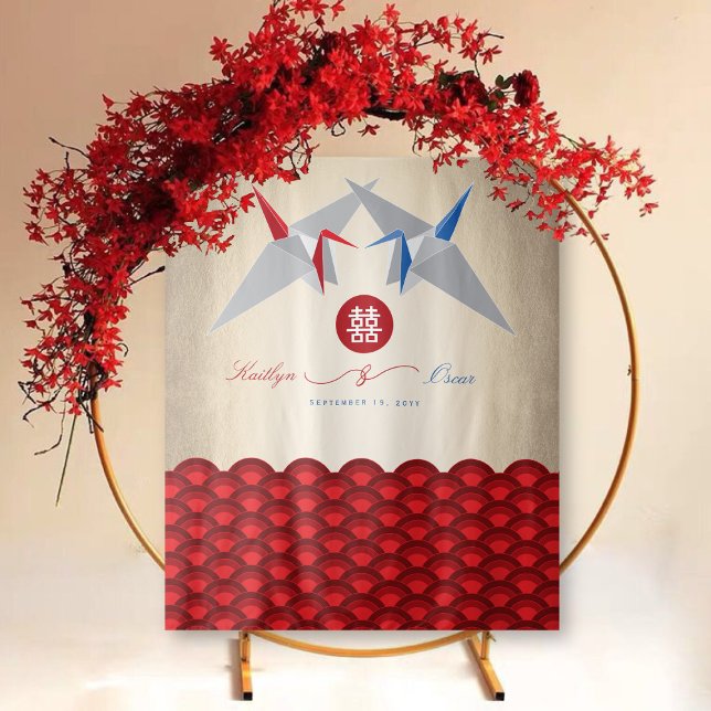 Red & Blue Paper Cranes Doppelfröhlichkeit Hochzei Wandteppich (Red & Blue Paper Cranes Double Happiness Chinese Wedding Backdrop Tapestry @ fatfatin_red_knot)