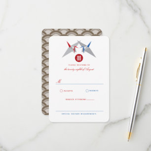 Red & Blue Paper Cranes Double Xi Chinesisch Hochz RSVP Karte