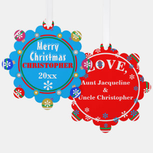 Red Blue Pink Gold Snowflakes NAME Ornament Karte